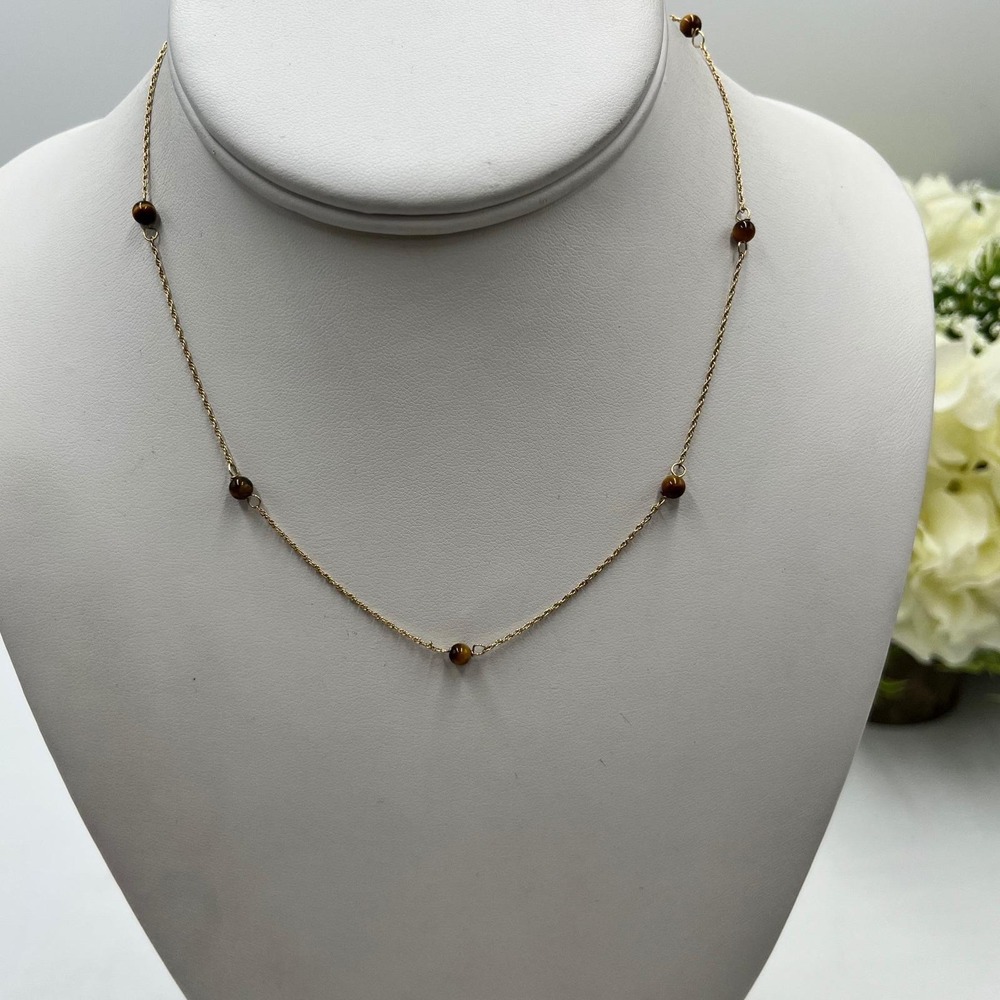 Vintage 14k Yellow Gold Chain LInk 3mm Tiger's Eye Choker 15" Station Necklace